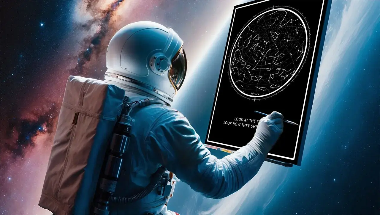 Astronaut creating star map in space, personalized celestial posterRetry
