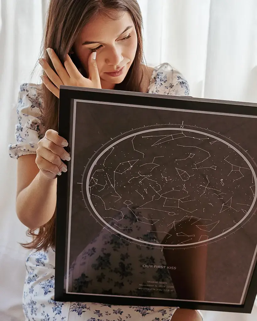 Woman emotional with star map she received as a gift from her boyfriendRetry